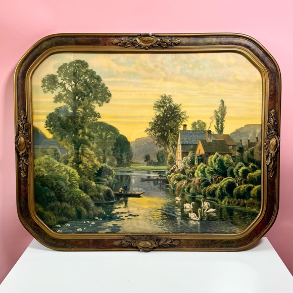 Vintage Other - Vintage Victorian ornate frame river landscape with swans